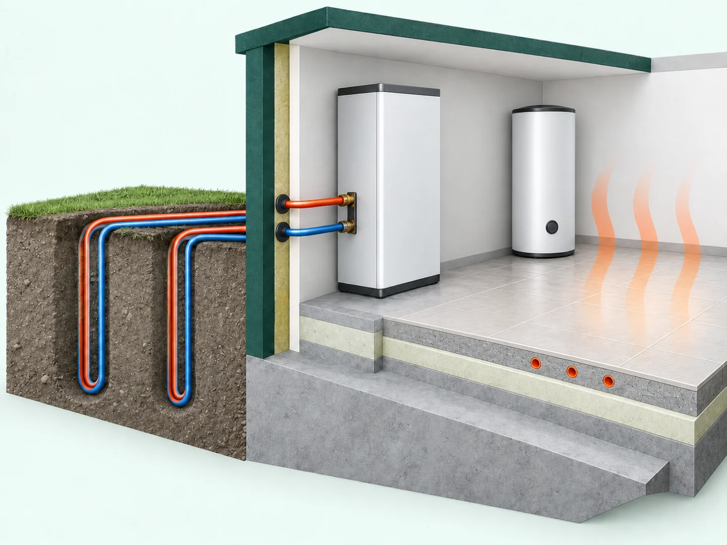 Corte del terreno y de una vivienda: sondas geotérmicas enterradas conectadas a una bomba de calor interior y al suelo radiante.