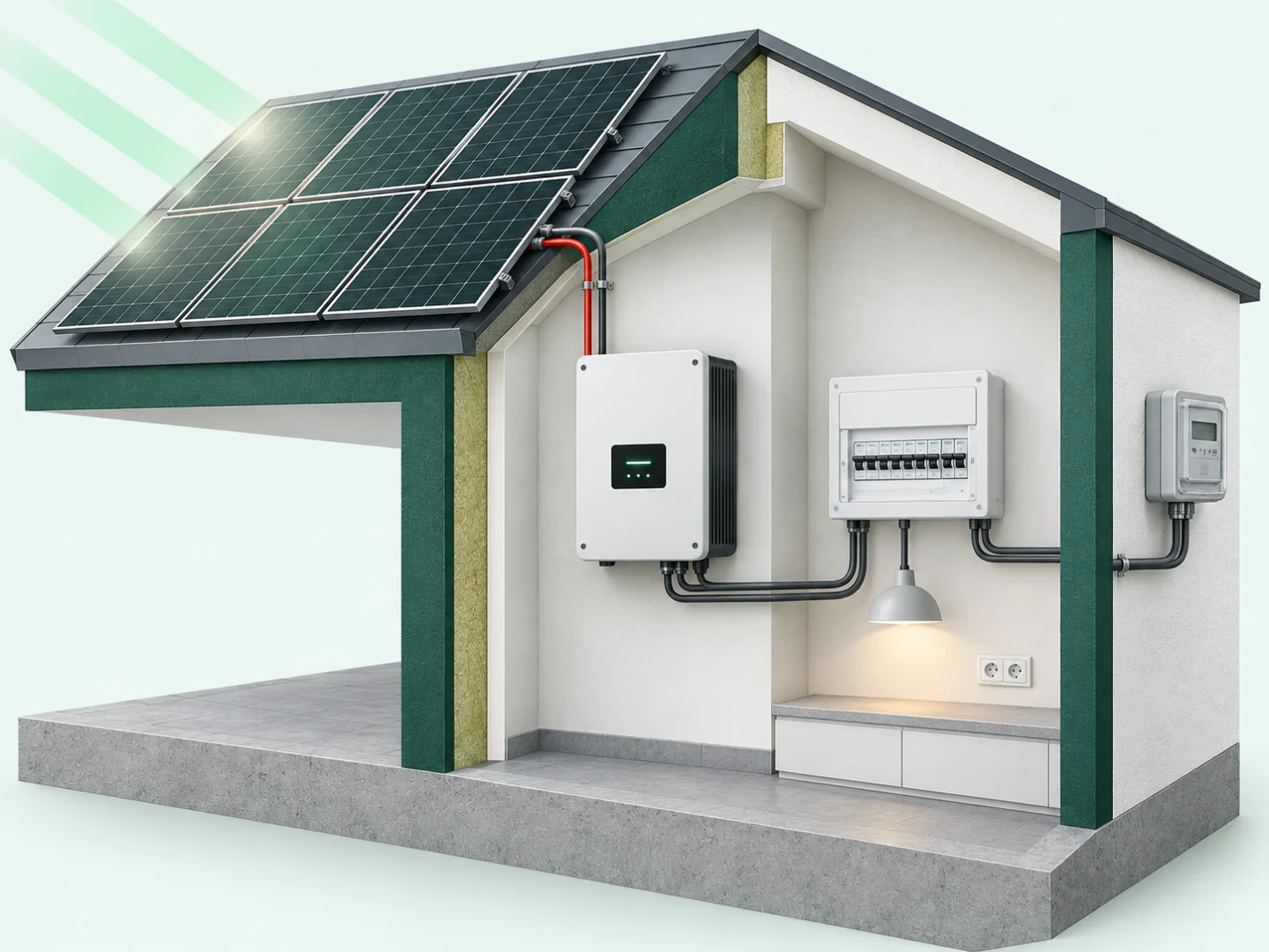 Paneles fotovoltaicos en el tejado conectados a un inversor dentro de la vivienda y a los equipos que consumen electricidad.